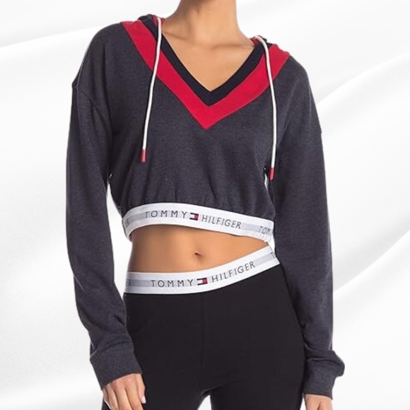 TOMMY HILFIGER Women's Retro Cropped Hoodie in Navy/Red/White (NWOT)│Size Small - Picture 1 of 15